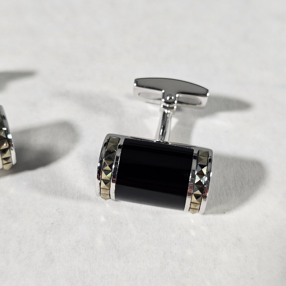 Jan Leslie Cufflinks Mens OS Black Onyx 925 Sterling Silver Pyramid‎ Stud Barrel - Picture 3 of 5